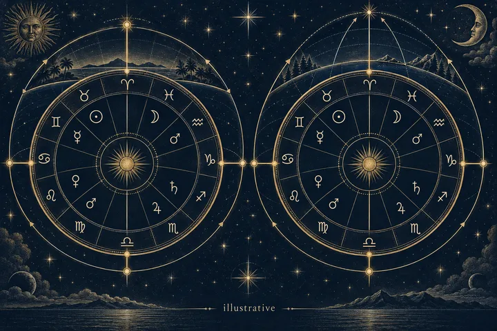 Two matching brass chart wheels sit beneath separate horizon arcs, showing a visual comparison of local sky frames against a starry backdrop.