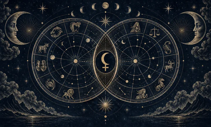 Editorial illustration accompanying: What is Black Moon Lilith in synastry, and why must the calculation be named?