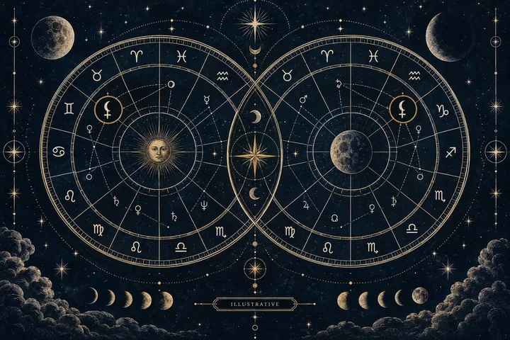 Editorial illustration accompanying: What is Black Moon Lilith in synastry, and why must the calculation be named?