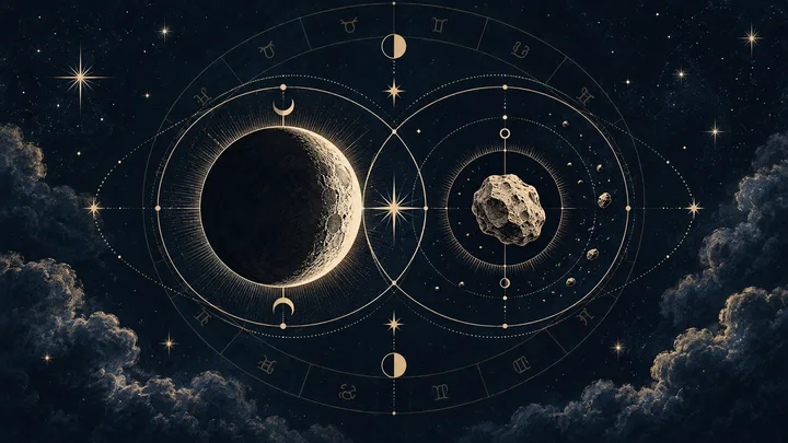 Illustrative midnight-blue synastry wheel separating the lunar Black Moon Lilith point from asteroid 1181 Lilith, with engraved zodiac symbols and brass accents.