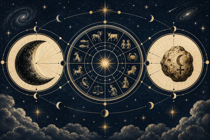 Illustrative synastry artwork with two zodiac wheels, a dark disk on one side, a textured asteroid-like body on the other, and two facing figures between them.