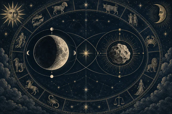 Illustrative synastry artwork showing a crescent-and-cross glyph beside a Venus symbol inside a midnight-blue zodiac wheel.