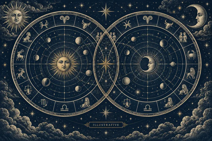 Two overlapping circular star charts with zodiac symbols, sun and moon faces, and an ‘Illustrative’ label.