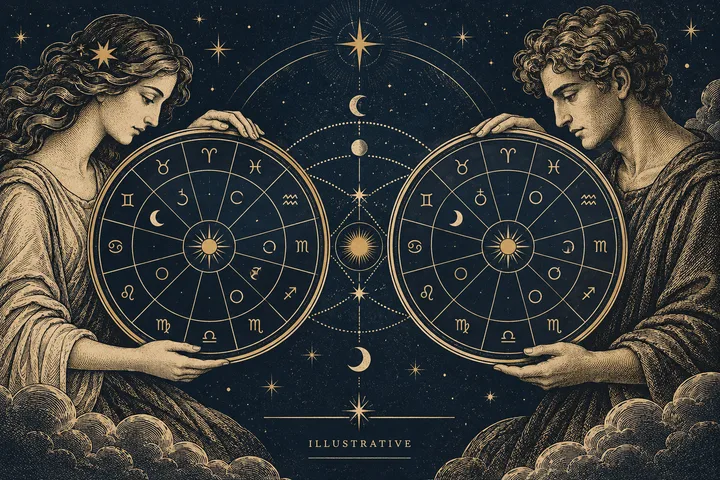 Two classical figures hold separate circular zodiac charts beneath a crescent moon and stars; ‘Illustrative’ appears below.