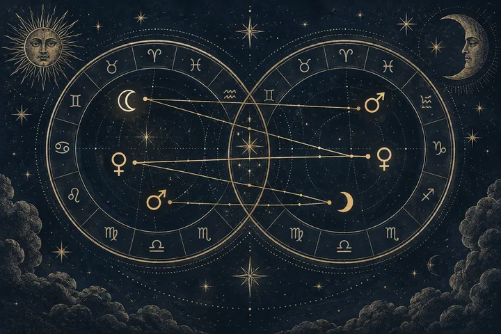 Illustrative overlapping zodiac wheels with slightly loose brass connections between Moon, Venus, and Mars glyphs on a midnight-blue engraved field.