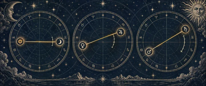 Engraved illustrative comparison of three synastry connections with different spacing and geometric closeness on a midnight-blue celestial drafting surface.