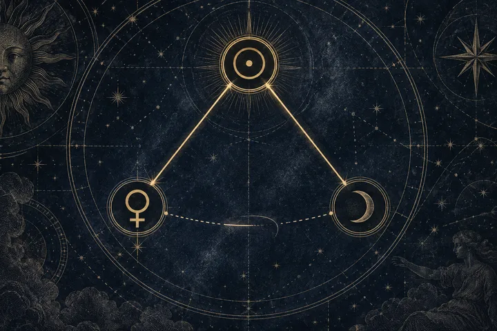 Close-up illustrative triangle of planetary glyphs with two clear brass connections and a third fading line that suggests an uncertain or incomplete synastry pattern.