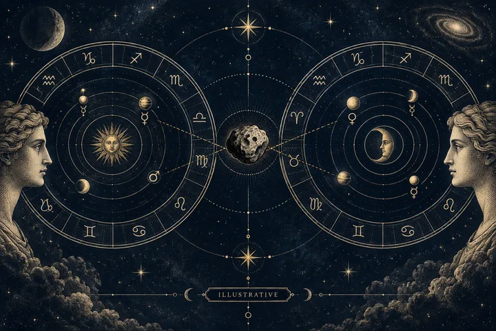Illustrative brass asteroid orbit crossing two overlapping synastry wheels, with the central personal-planet clusters visibly separated