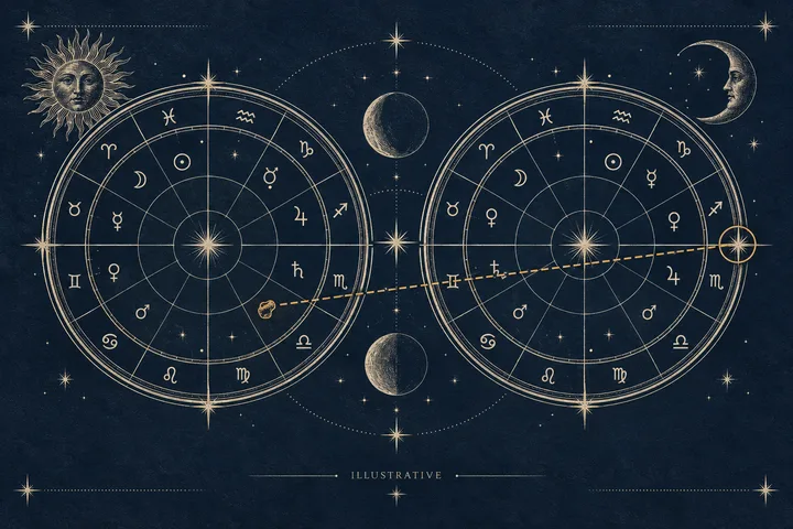 Illustrative brass degree scale spanning two chart rings, with a highlighted asteroid-to-Saturn contact inside the close-orb zone