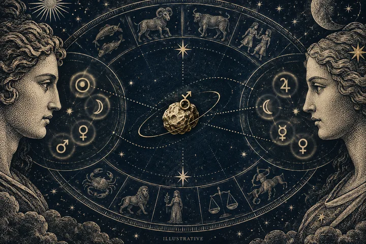Illustrative layered synastry rings showing one asteroid symbol echoed by Saturn, Jupiter, and a repeated relationship theme