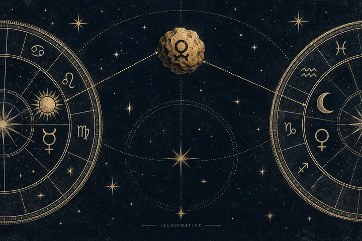 Illustrative brass ranking board placing luminaries and personal planets above a smaller asteroid symbol linked to a supporting aspect