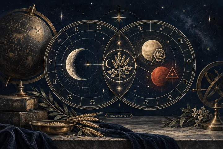 Illustrative synastry wheel showing Ceres as a care layer around Moon, Venus, and Mars contacts