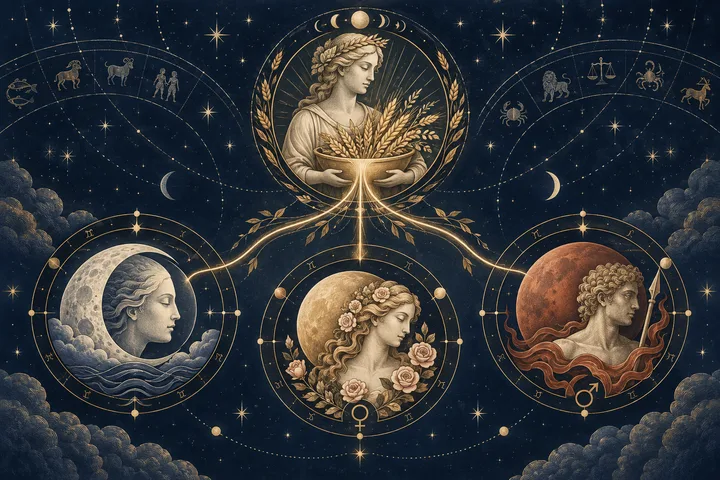 Illustrative close-up of a Ceres-Moon contact and the exchange of comfort in synastry