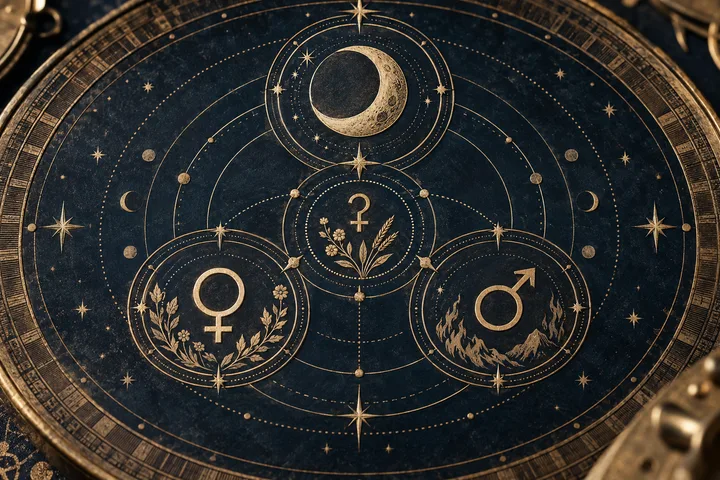 Illustrative Ceres-Mars synastry motif linking practical care, desire, and personal boundaries
