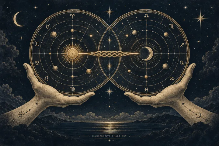Illustrative midnight-blue synastry wheel with two zodiac rings, a bright square aspect, and brass lines joining the chart factors.