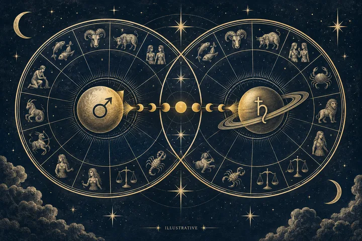 Illustrative close-up of Mars and Saturn symbols linked across two brass synastry wheels, with zodiac motifs on a midnight-blue chart field.