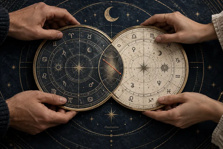 Illustrative synastry diagram showing a tense planet-to-planet angle beside softer supporting lines in midnight blue and brass.