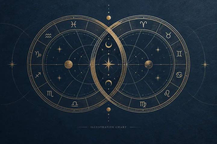 Illustrative brass chart lines gathered around a shared central point, suggesting two people coordinating feeling, action, and repair.