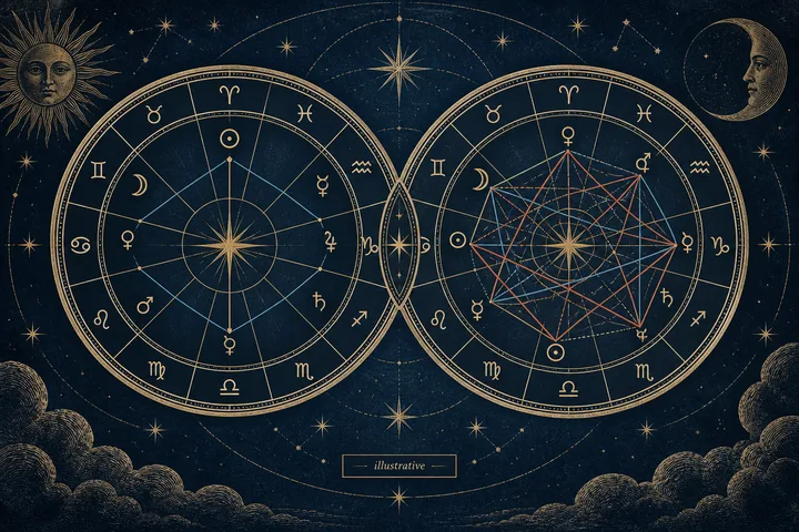 Illustrative engraved synastry chart with two zodiac wheels, connecting aspect lines, and a brass data key for separating uncertain inputs from difficult relationship patterns.