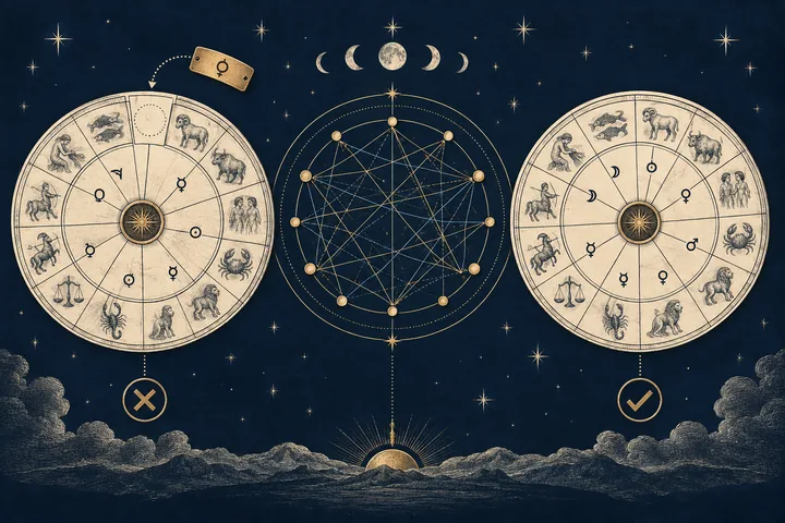 Illustrative close-up of zodiac degree markings and aspect lines showing how a Moon-Mars contact can move inside or outside a six-degree orb.
