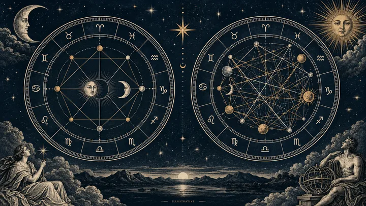 Illustrative synastry reference scene with Moon, Venus, and Mars symbols arranged around two zodiac wheels to show stable, conditional, and missing chart layers.