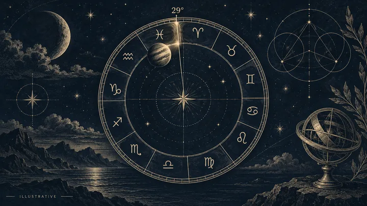 Brass zodiac wheel with a planet illustration beneath a 29° label, set against a starry night sky.