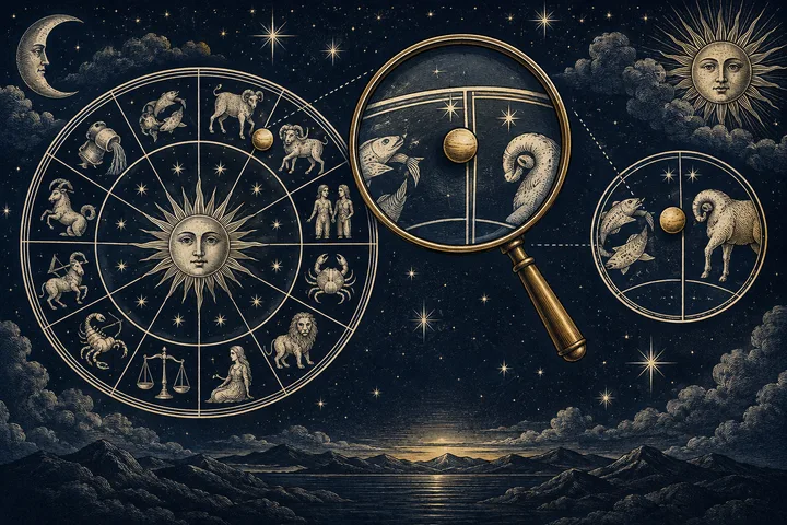 Brass zodiac wheel and two circular planet diagrams, with a magnifying glass over one diagram.