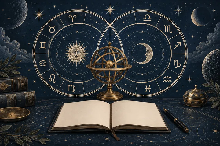 Two overlapping zodiac circles with sun and moon faces stand behind a brass armillary sphere and an open book.
