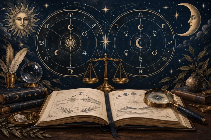 Two zodiac diagrams with sun and moon faces hang above a brass balance scale and an open illustrated book with a magnifying glass.