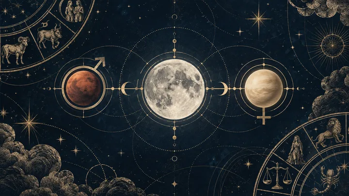 Vintage-style celestial illustration showing a reddish planet, a full moon, and a pale planet aligned across a starry navy sky, surrounded by orbital lines, stars, clouds, and partial zodiac wheels.