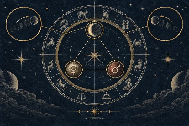 Illustrative zodiac wheel on a starry background with a crescent moon and Venus and Mars symbols connected by a triangle; smaller circular planet diagrams appear on both sides.