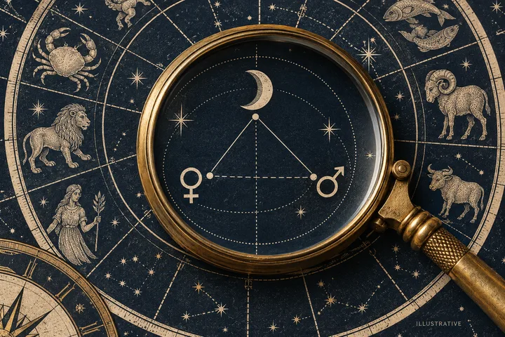 A brass magnifying glass rests over a starry zodiac chart, enlarging a crescent moon and Venus and Mars symbols connected by a triangle.