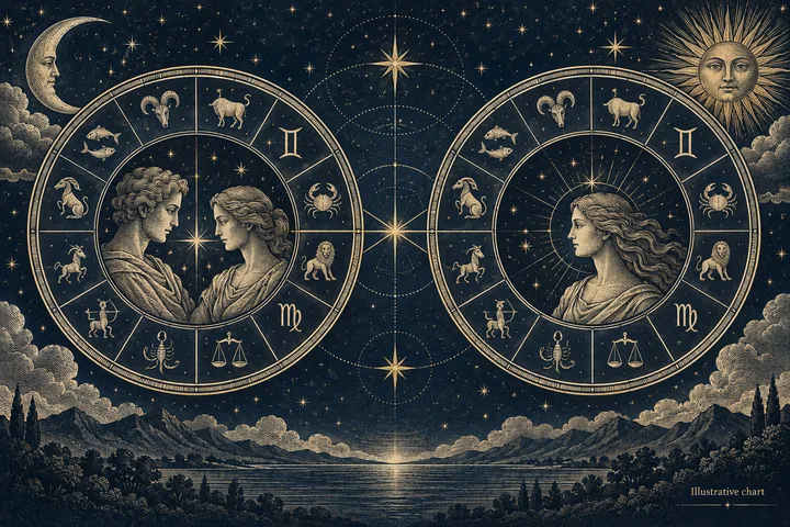 Two engraved zodiac wheels show classical portraits facing each other, with stars and a fine connecting pattern between them above a mountain lake. A crescent moon and sun frame the night sky.