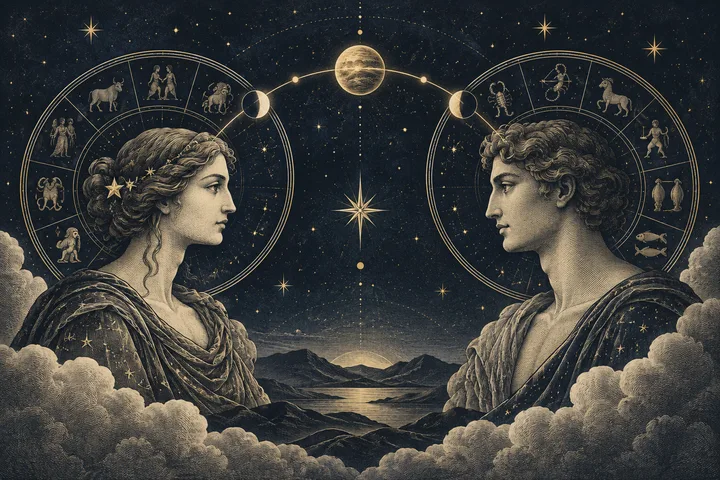 Two engraved classical profiles face each other beneath a starry sky, with circular zodiac wheels behind them and a planet between them above a mountain lake.