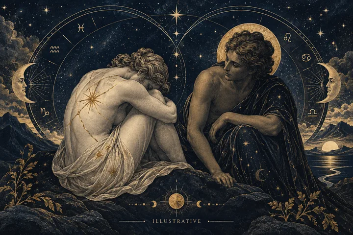 Editorial illustration accompanying: What does Chiron in synastry describe when one person feels exposed around the other?