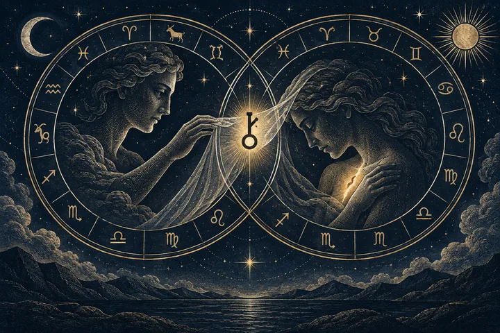 Editorial illustration accompanying: What does Chiron in synastry describe when one person feels exposed around the other?