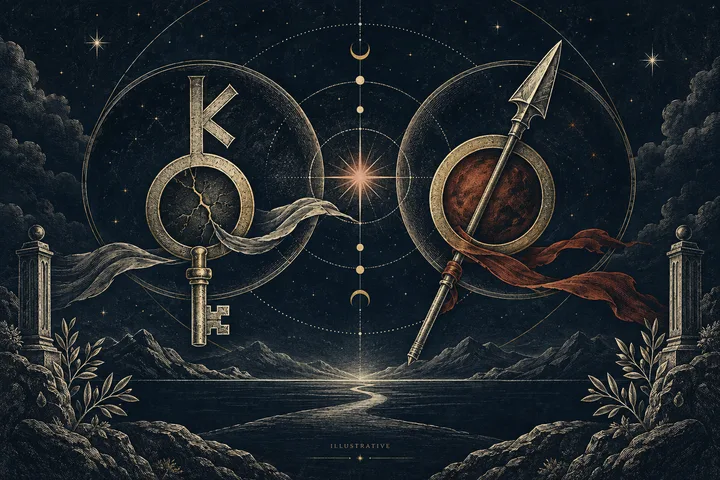 Illustrative hero scene of brass Chiron and Mars glyphs facing across an engraved midnight-blue synastry wheel, joined by a thin sensitive aspect line.