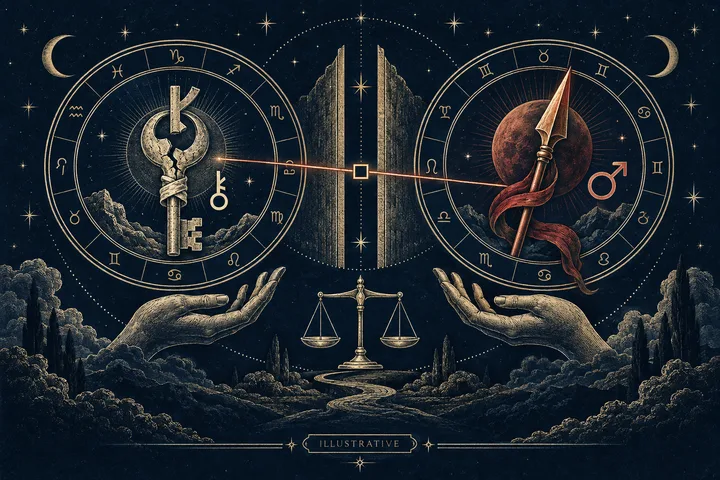 Illustrative close-up of brass Mars and Chiron glyphs linked across an engraved midnight-blue synastry wheel, showing action meeting vulnerability.