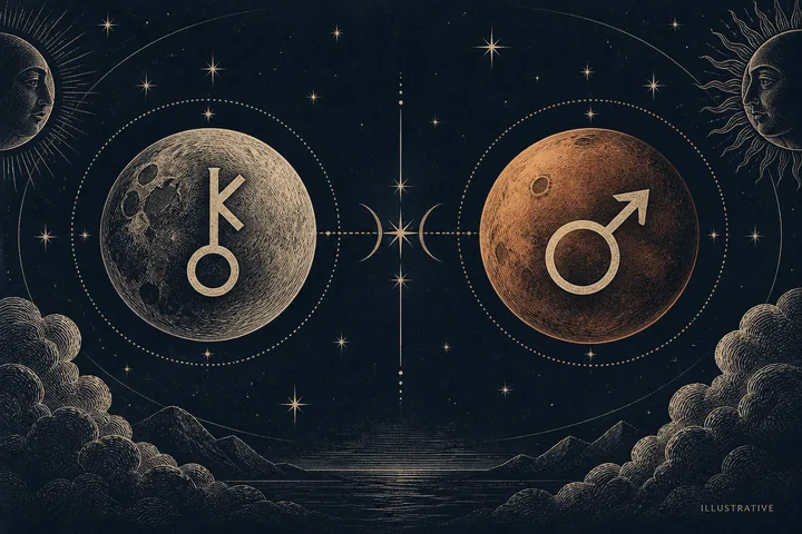 Illustrative detail of ivory synastry lines converging on a brass Mars glyph beside an open boundary circle, set against a midnight-blue chart.