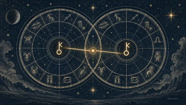 Engraved zodiac wheel with two illustrative synastry chart circles linked by a bright Chiron contact in midnight blue, ivory, and brass.