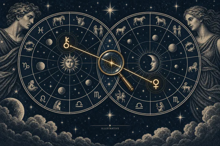 Illustrative close-up of Chiron's sign symbol beside a measured degree arc connecting it to a personal planet in a synastry chart.
