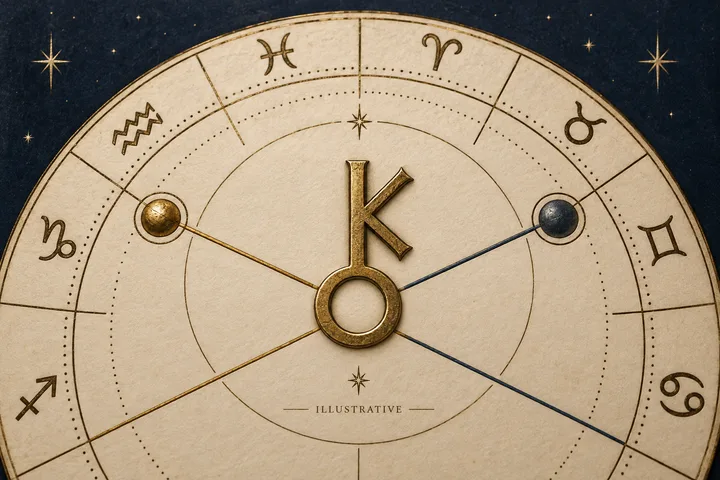 Illustrative synastry aspect lines crossing a zodiac wheel, showing how a planet and Chiron meet through different aspect shapes.