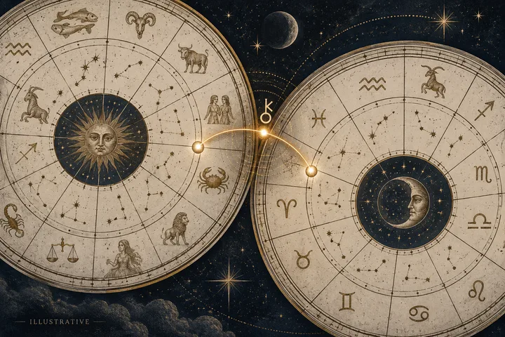 Illustrative brass degree markings and constellation lines framing a Chiron-Venus contact and a wider secondary aspect.