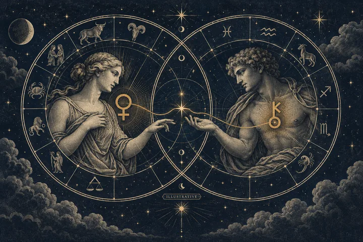 Illustrative midnight-blue synastry wheel with a brass Venus glyph meeting a healing Chiron key, showing affection touching a tender point.