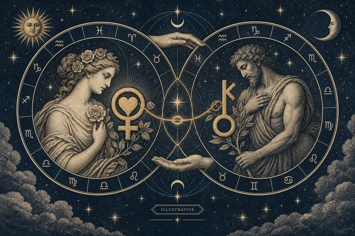 Illustrative close-up of two labeled chart points joined by a one-degree brass conjunction line inside an engraved Taurus sign.
