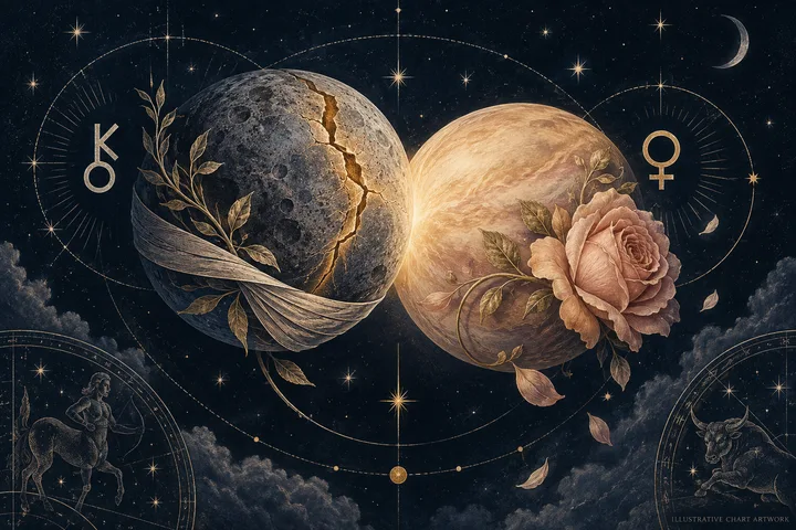 Illustrative brass aspect lines comparing conjunction, trine, square, sextile, and opposition symbols around Venus and Chiron.