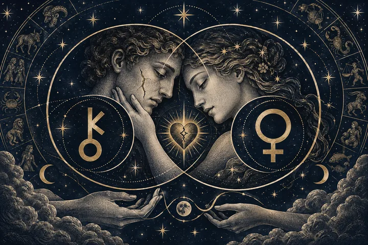 Illustrative synastry notebook beside an engraved chart, with a Venus glyph, Chiron key, and a clear boundary line in brass.