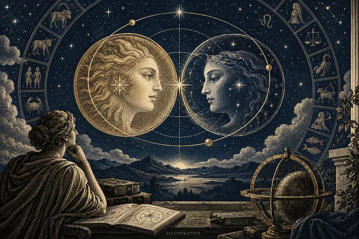 An engraved illustration shows two large overlapping circular star charts with human faces, surrounded by zodiac figures. A person studies an open book beside an armillary sphere beneath a starry sky.
