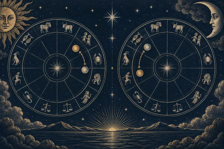 Two circular zodiac charts sit side by side, with small planet symbols and curved arrows between them. A sun and crescent moon frame the starry sky above a mountain horizon.