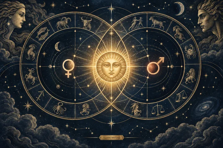 Engraved illustrative synastry chart with two overlapping zodiac wheels, a radiant Sun between Venus and Mars symbols, and an ILLUSTRATIVE plaque in brass.